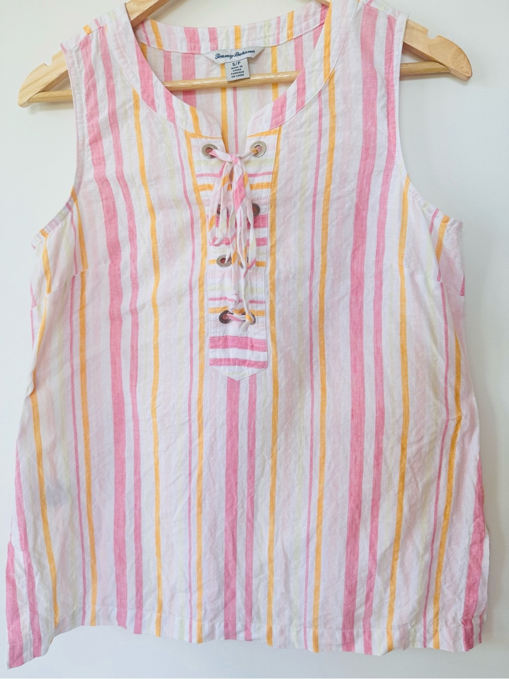 Tommy Bahama 100% Linen Striped Lace Up Tank Top Pink Yellow White Small
